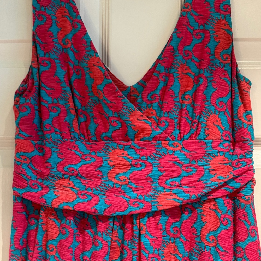 Lilly Pulitzer Sleeveless V-Neck Maxi Dress in Fuchsia and Teal seahorse print - Picture 2 of 4